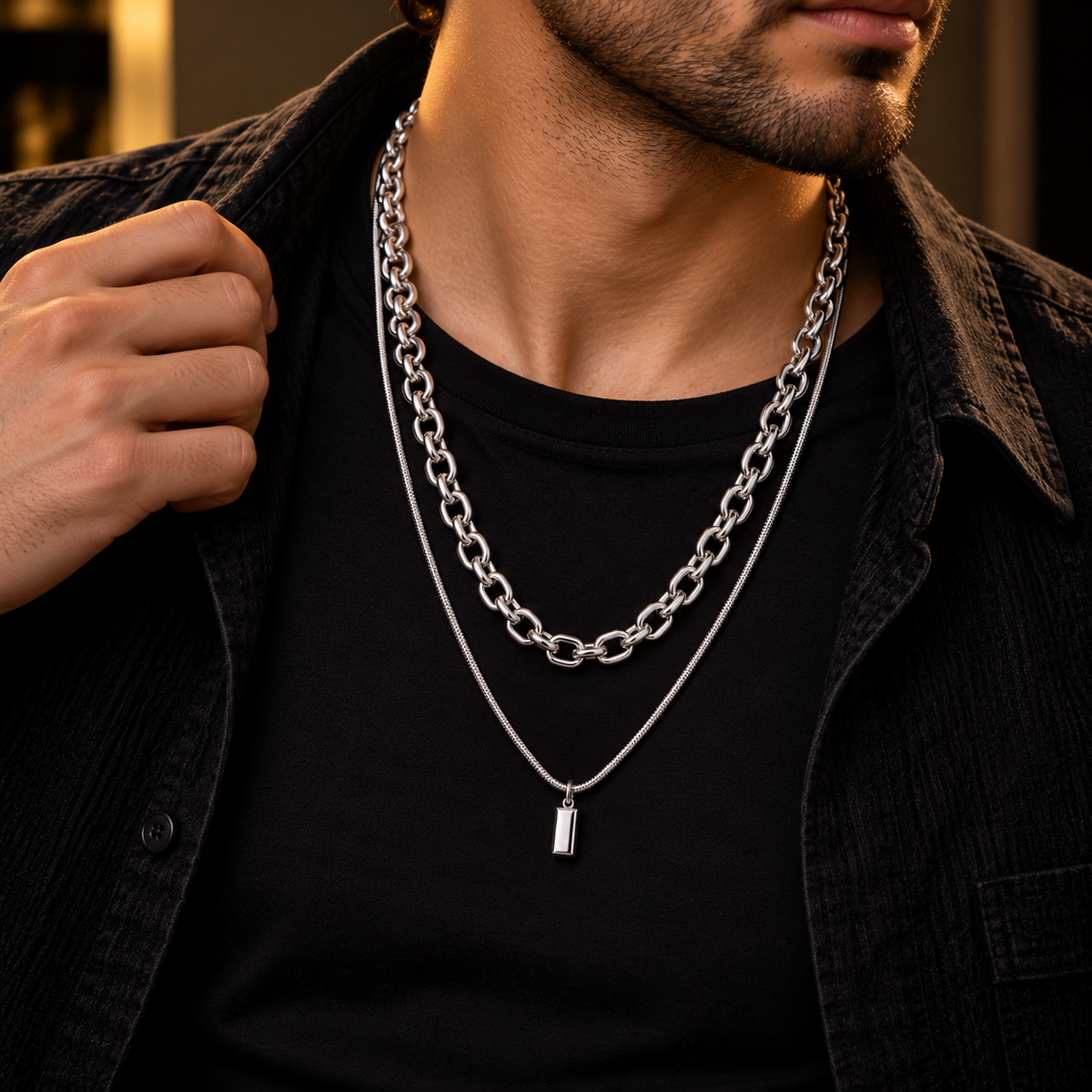 Stainless Steel Layered Silver Necklace for Men, Double Chain Pendant Necklace with Minimalist Rectangular Charm, 45 Inch Total Length, 2mm & 3mm Chain Width, Stylish Fashion Jewellery