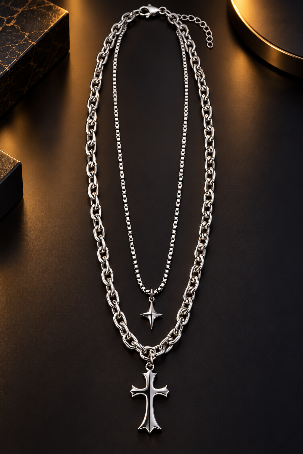 Stainless Steel Silver Layered Cross Pendant Necklace Set for Men, 56 cm Length, 6 mm Chain Width | Double Layer Gothic Cross Chain Jewellery, Stylish Fashion Accessory for Party Wear & Gifting