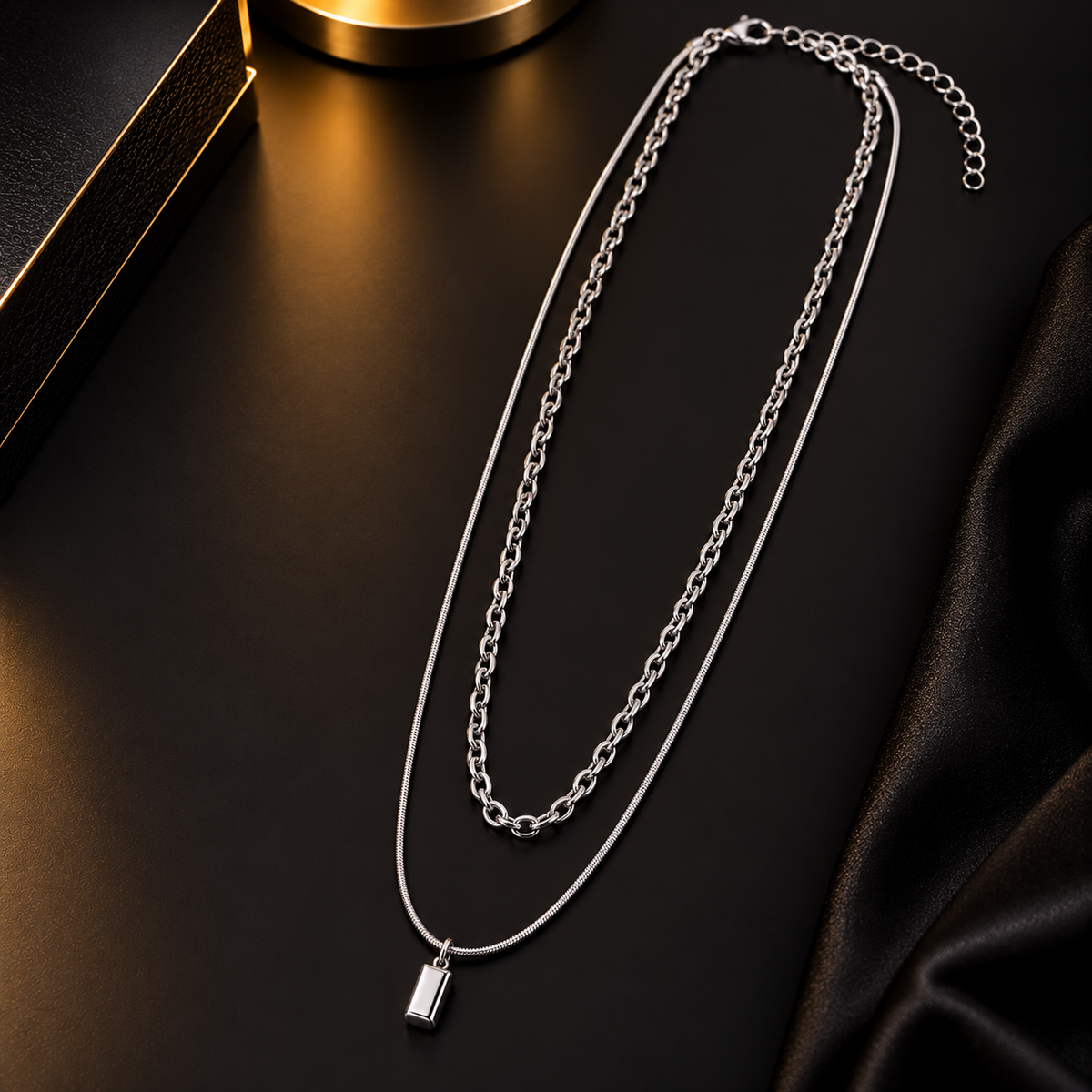Stainless Steel Layered Silver Necklace for Men, Double Chain Pendant Necklace with Minimalist Rectangular Charm, 45 Inch Total Length, 2mm & 3mm Chain Width, Stylish Fashion Jewellery
