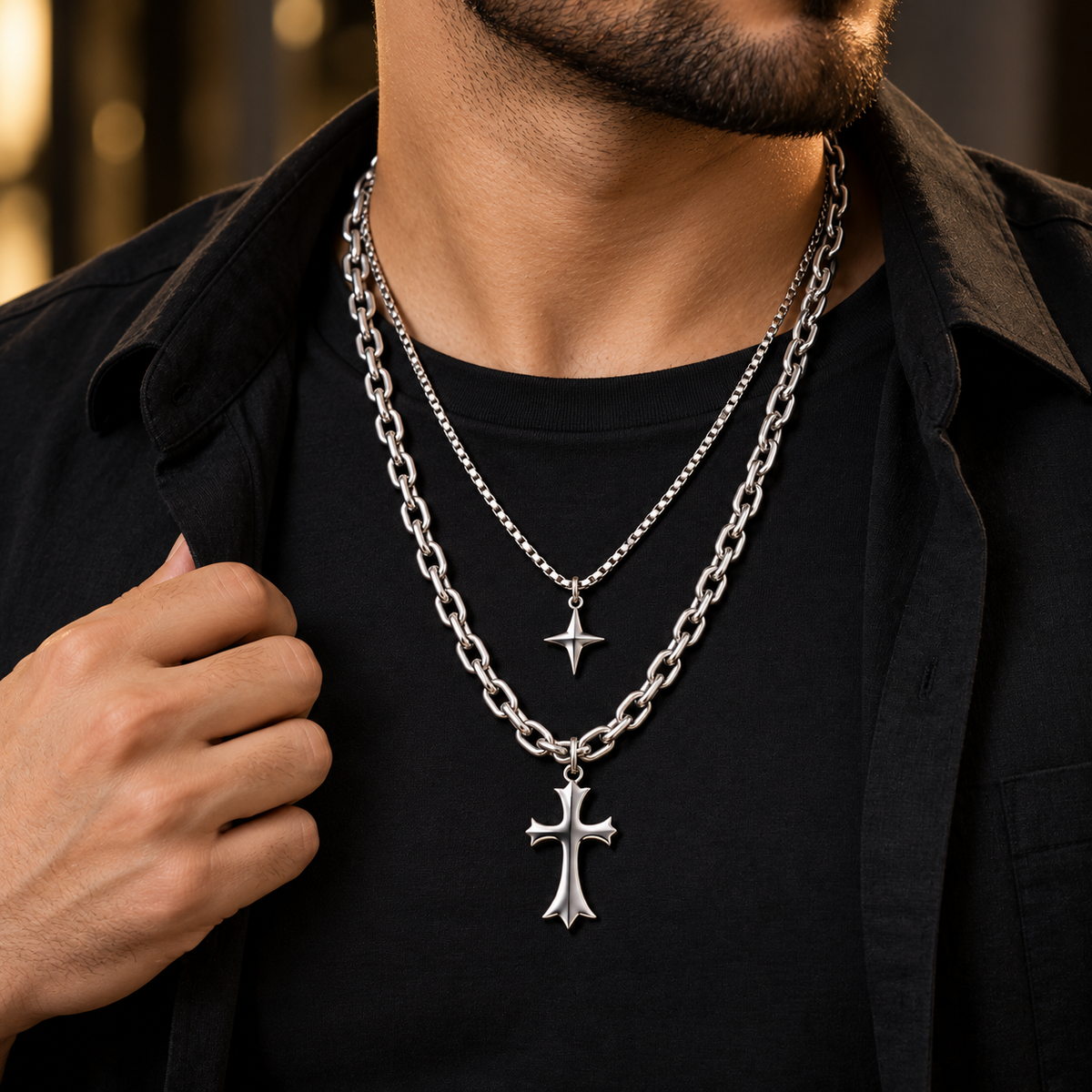 Stainless Steel Silver Layered Cross Pendant Necklace Set for Men, 56 cm Length, 6 mm Chain Width | Double Layer Gothic Cross Chain Jewellery, Stylish Fashion Accessory for Party Wear & Gifting