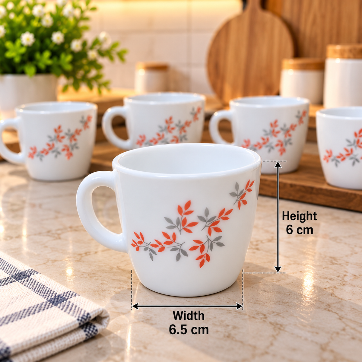 Cello Ricca Twilight Ceramic Cups 100 ML, Pack of 6 | White Tea and Coffee Cups with Elegant Orange & Grey Leaf Design | Small Cups for Tea, Espresso, Milk, Home, Office and Daily Use