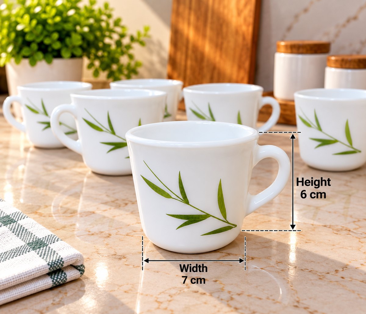 Cello Prince Bamboo Grove Cup Set of 6, 130 ML Each | Elegant Green Leaf Printed White Tea Cups for Tea, Coffee & Milk | Stylish Beverage Cups for Home, Kitchen, Office & Gifting