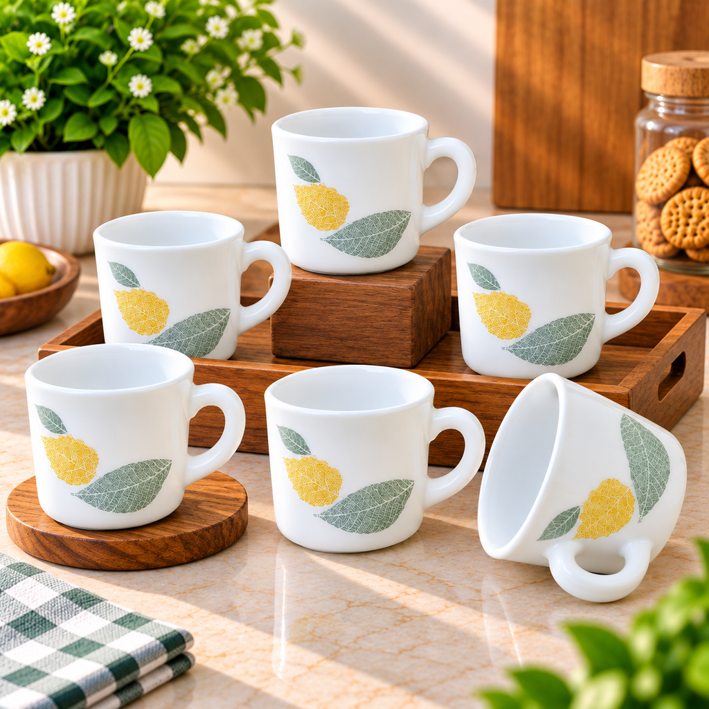 Cello Stella Foliage Cup Set of 6, 100 ML Each | White Leaf Printed Tea and Coffee Cups | Elegant Small Beverage Cups for Tea, Espresso, Green Tea, Home, Office and Gifting