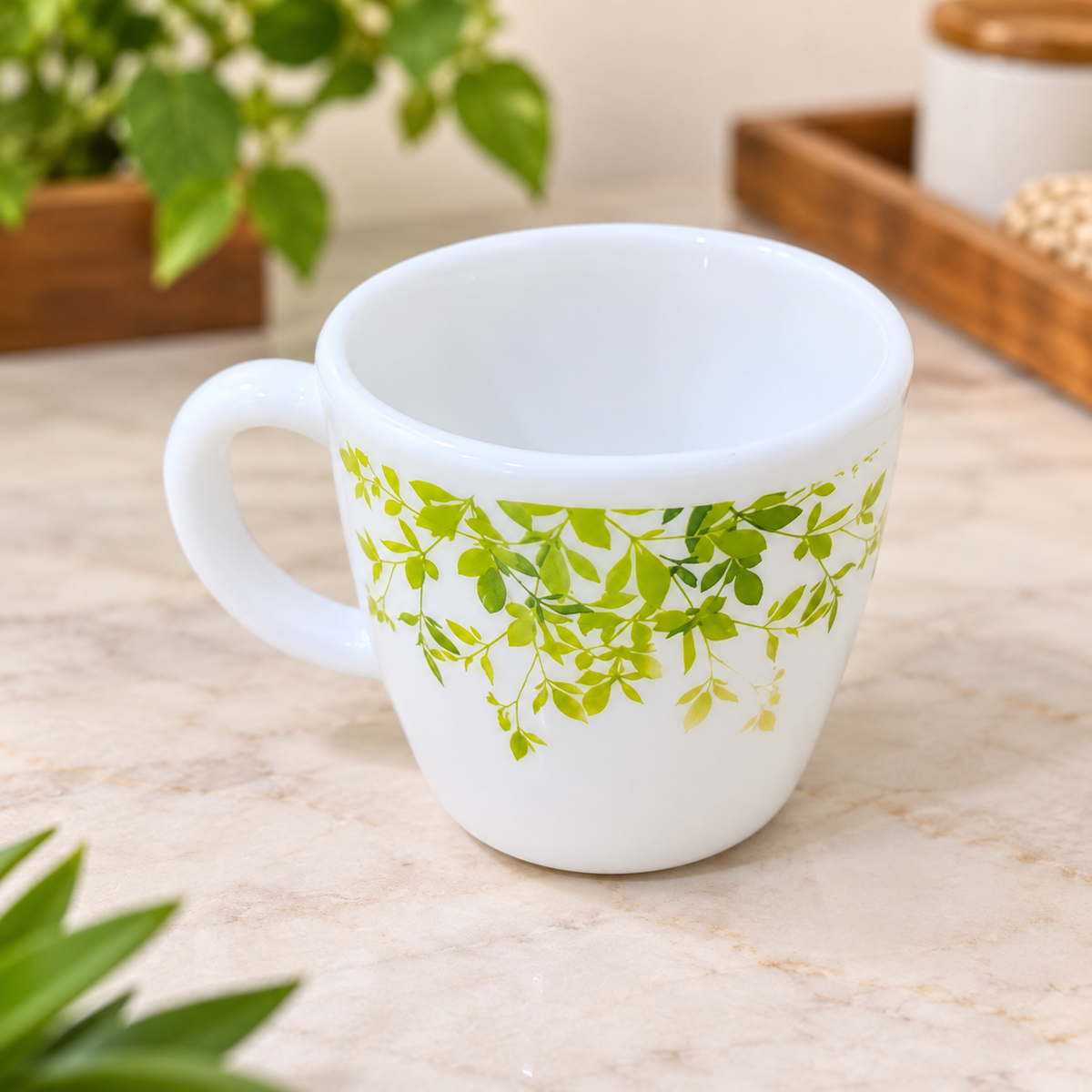 Cello Ricca Green Orchard Cup Set, 100 ML, Pack of 6 | White Printed Tea Cups with Green Leaf Design | Stylish Cups for Tea, Coffee, Milk & Daily Use