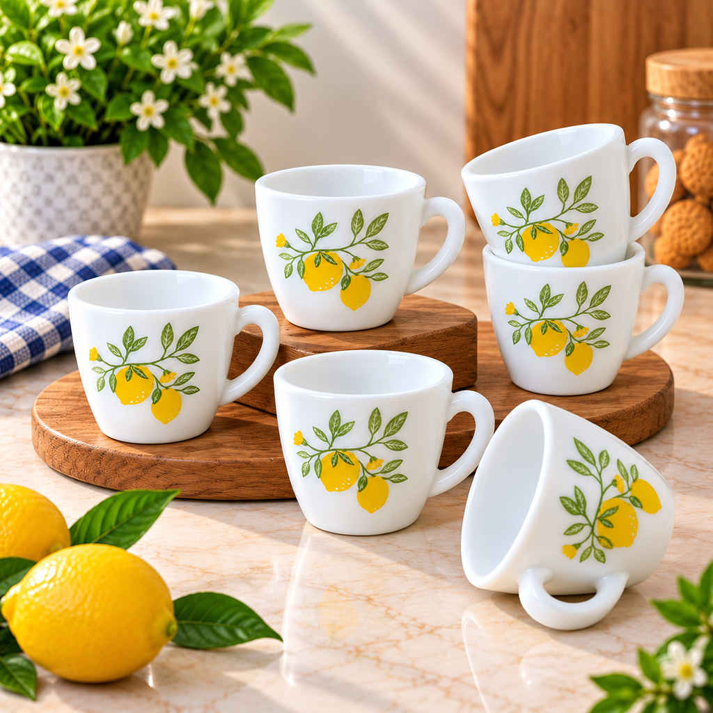 Writing      Cello Ricca Lemon Grove Cup Set of 6, 100 ML | White Tea Cups with Yellow Lemon and Green Leaf Design | Stylish Small Cups for Tea, Coffee, Milk, Espresso & Daily Use