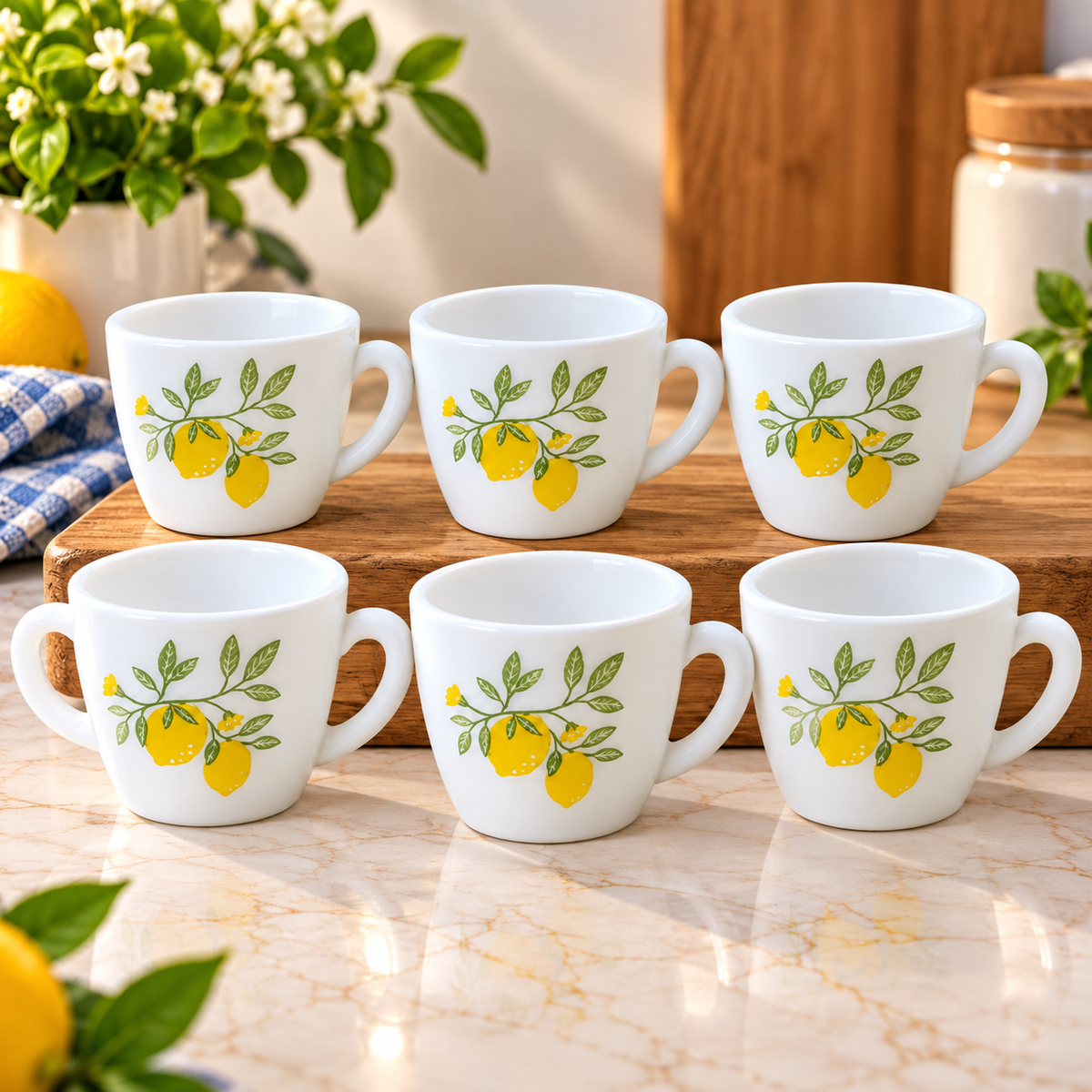 Writing      Cello Ricca Lemon Grove Cup Set of 6, 100 ML | White Tea Cups with Yellow Lemon and Green Leaf Design | Stylish Small Cups for Tea, Coffee, Milk, Espresso & Daily Use