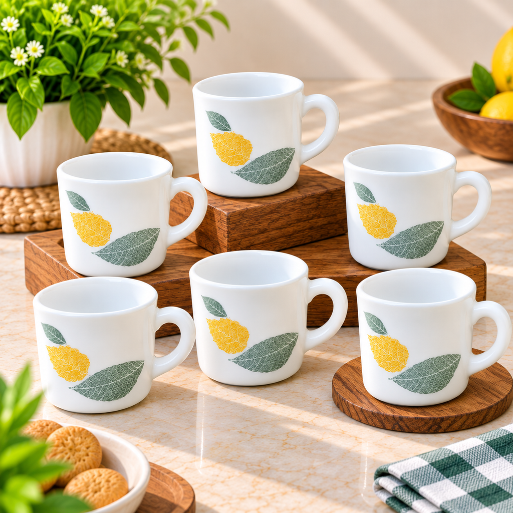 Cello Stella Foliage Cup Set of 6, 100 ML Each | White Leaf Printed Tea and Coffee Cups | Elegant Small Beverage Cups for Tea, Espresso, Green Tea, Home, Office and Gifting