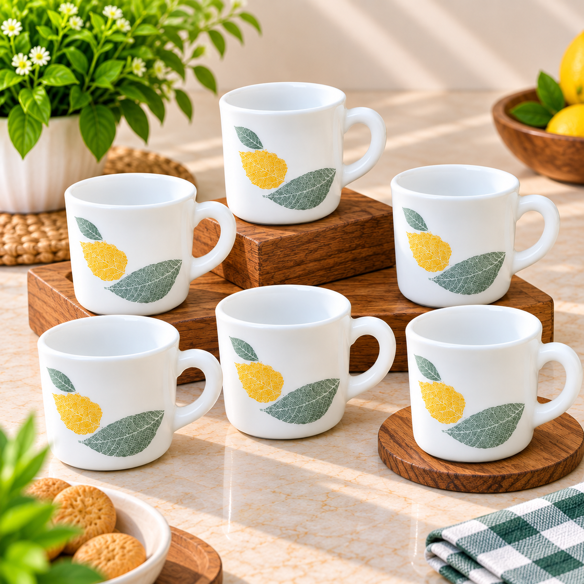 Cello Stella Foliage Cup Set of 6, 100 ML Each | White Leaf Printed Tea and Coffee Cups | Elegant Small Beverage Cups for Tea, Espresso, Green Tea, Home, Office and Gifting