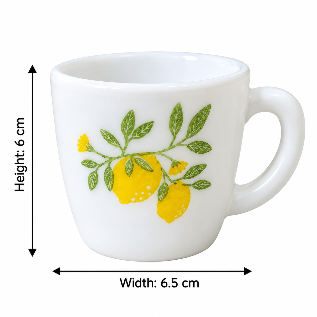 Writing      Cello Ricca Lemon Grove Cup Set of 6, 100 ML | White Tea Cups with Yellow Lemon and Green Leaf Design | Stylish Small Cups for Tea, Coffee, Milk, Espresso & Daily Use