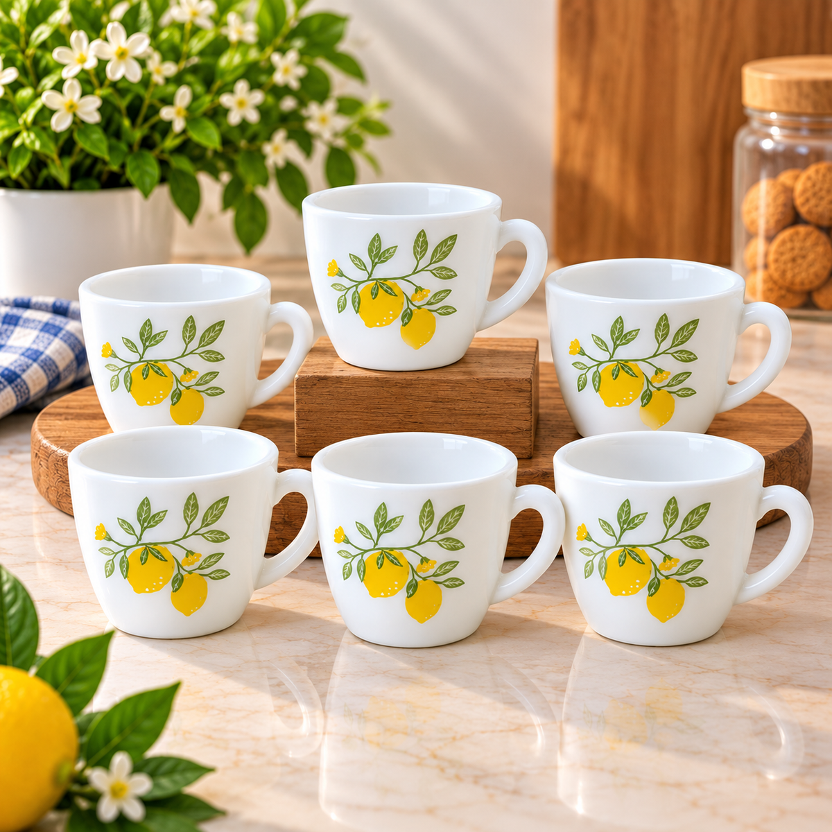 Writing      Cello Ricca Lemon Grove Cup Set of 6, 100 ML | White Tea Cups with Yellow Lemon and Green Leaf Design | Stylish Small Cups for Tea, Coffee, Milk, Espresso & Daily Use