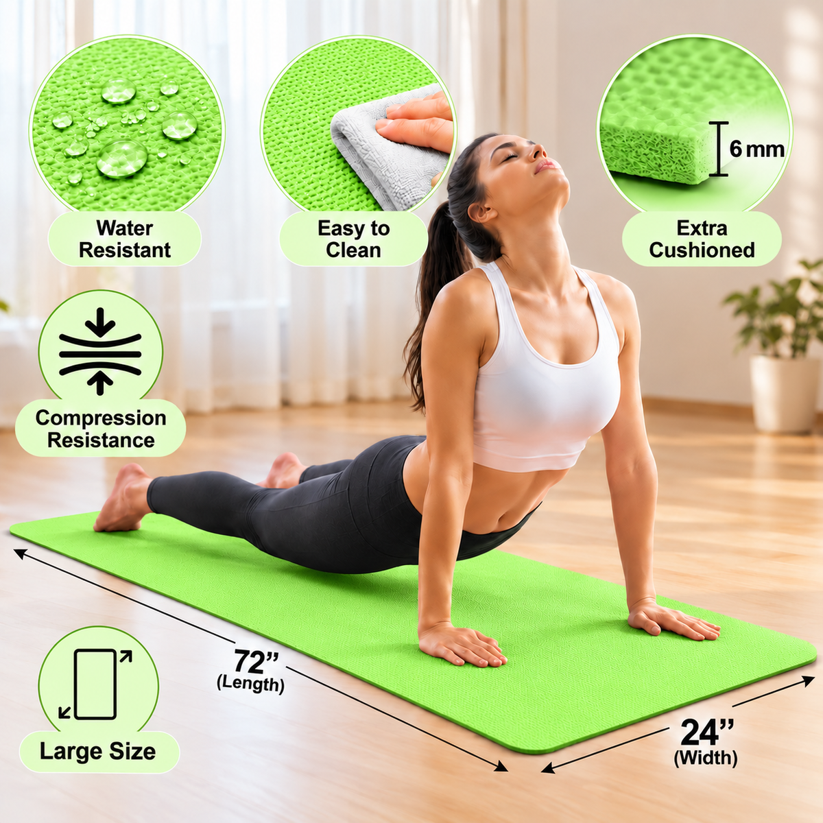Green Yoga Mat 6mm Thick, 72 x 24 Inch Large Non-Slip Exercise Mat for Men & Women | Cushioned Water-Resistant Fitness Mat for Yoga, Pilates, Stretching, Workout & Home Gym