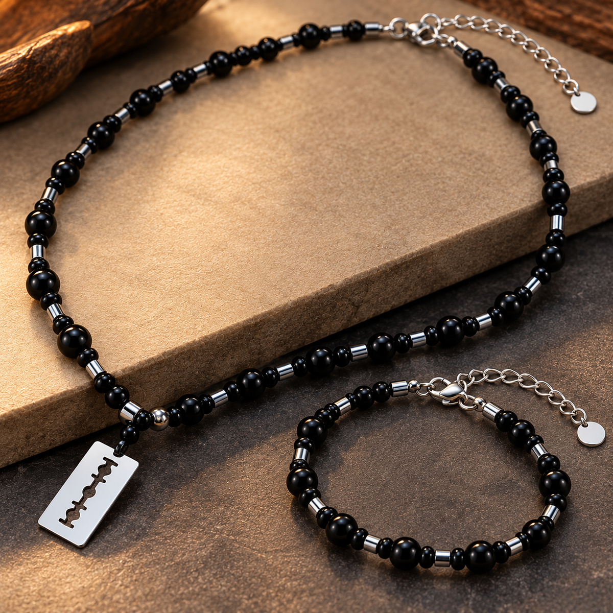 Stainless Steel Black Beaded Necklace and Bracelet Set for Men, 30 cm Necklace Length, 8 mm Beads, Silver Blade Shape Pendant | Stylish Gothic Fashion Jewellery Set for Party Wear & Gifting