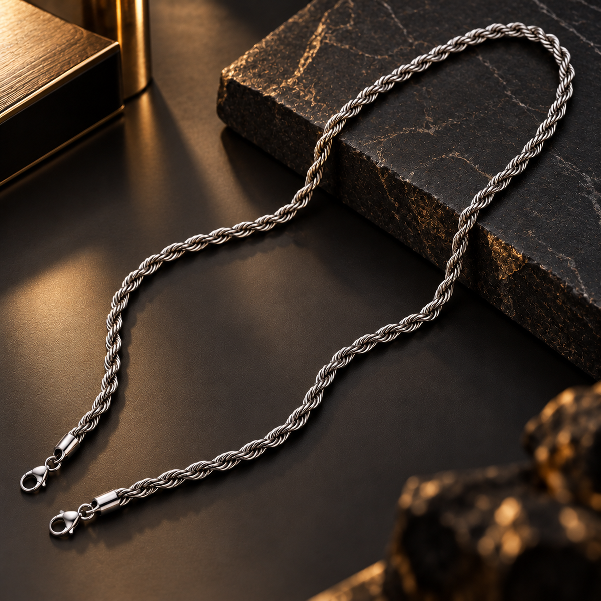 Stainless Steel Silver Rope Chain Necklace for Men, 54 cm Length, 6 mm Width | Twisted Rope Design, Stylish Silver-Tone Fashion Jewellery for Party Wear, Casual Wear & Gifting