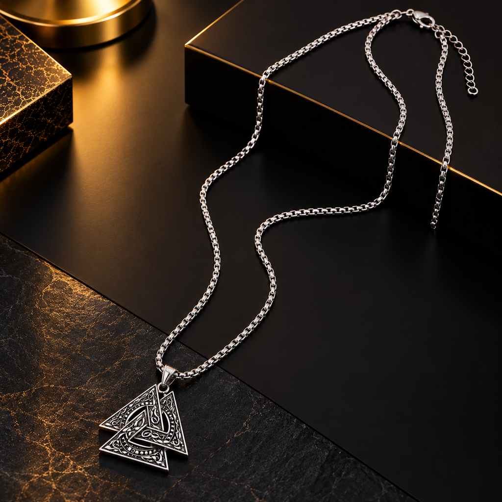 Stainless Steel Celtic Triangle Pendant Necklace for Men, Silver Tone Geometric Designer Chain with Intricate Engraved Pendant, 62 cm Length, 2 mm Chain Width, Stylish Fashion Jewellery