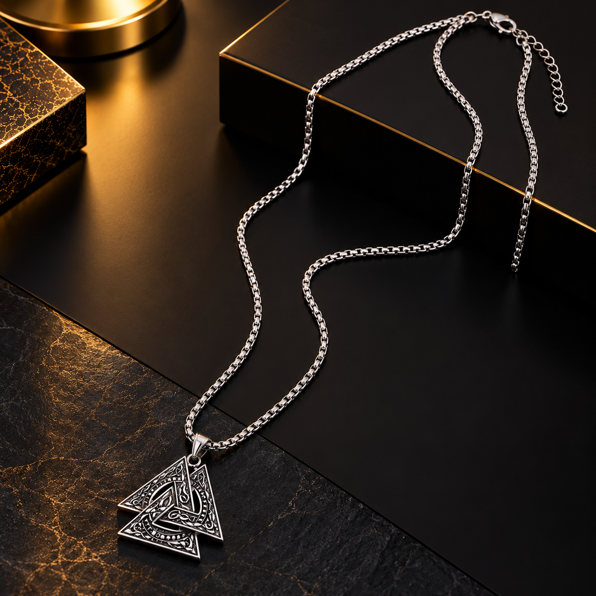 Stainless Steel Celtic Triangle Pendant Necklace for Men, Silver Tone Geometric Designer Chain with Intricate Engraved Pendant, 62 cm Length, 2 mm Chain Width, Stylish Fashion Jewellery