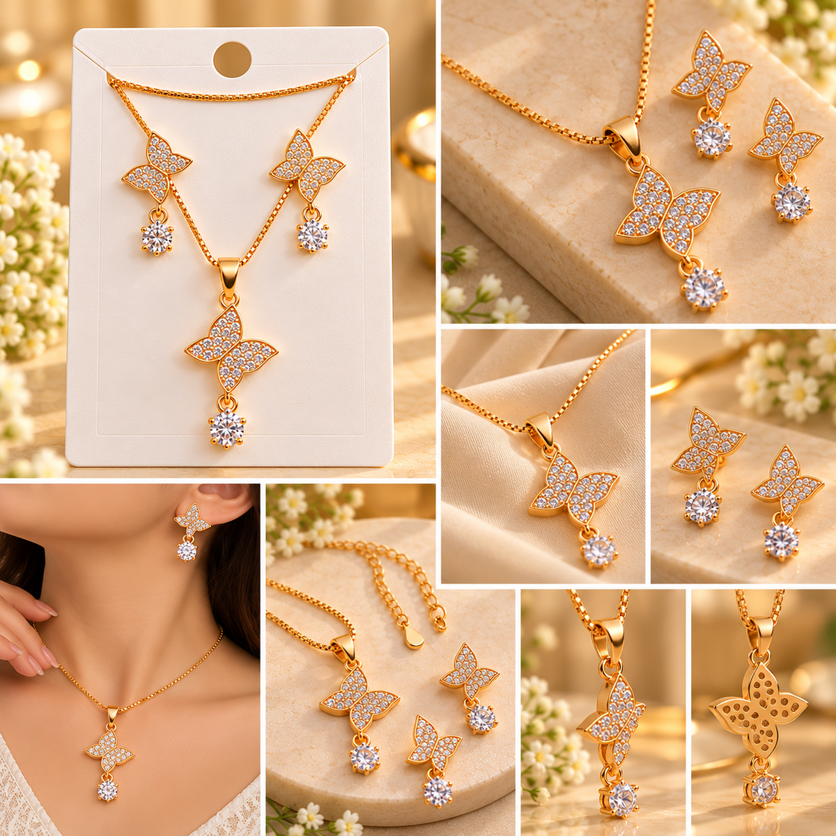 Gold Plated Butterfly Pendant Necklace and Earrings Set for Women & Girls | Elegant CZ Stone Fashion Jewellery Set for Party, Wedding, Festive Wear & Gifting