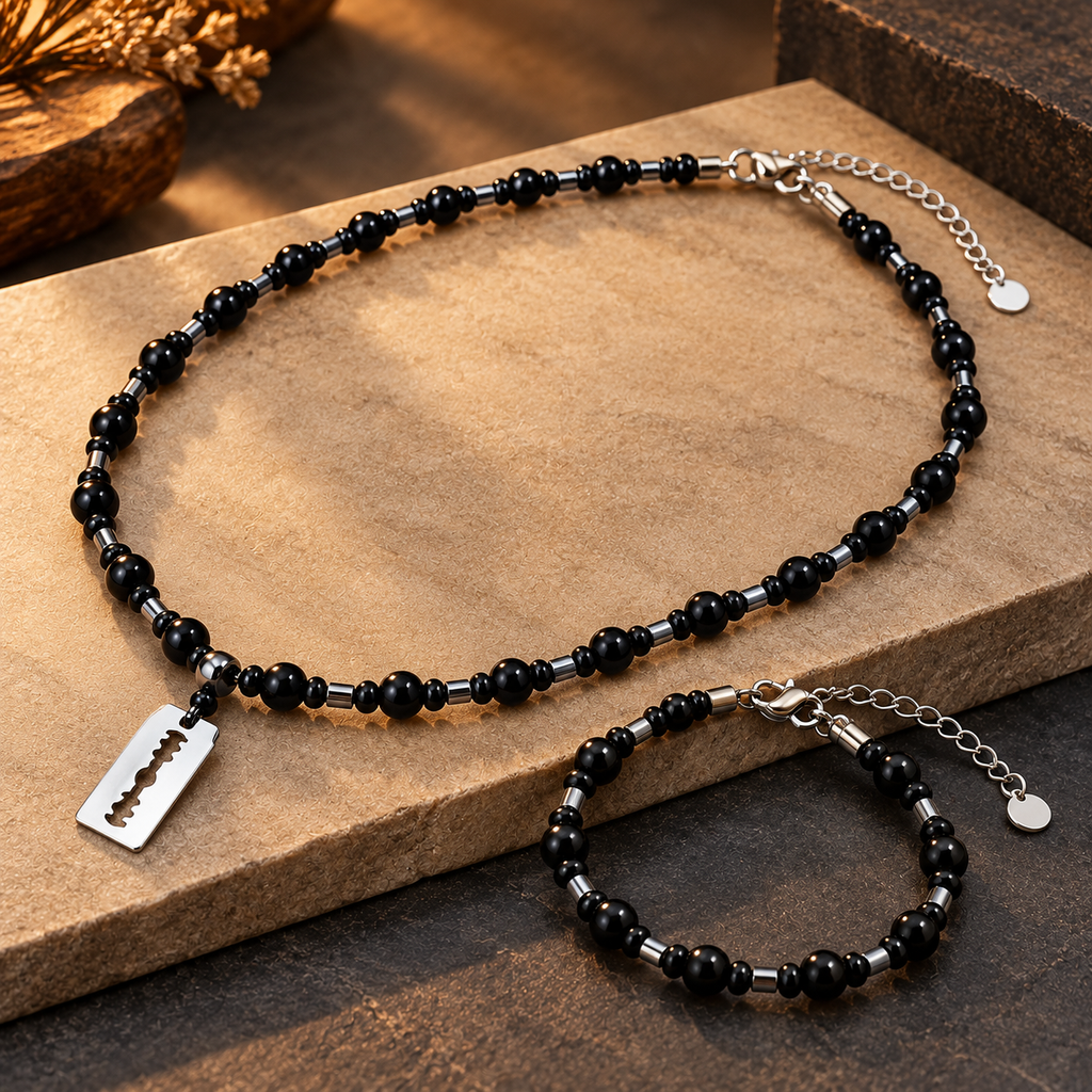 Stainless Steel Black Beaded Necklace and Bracelet Set for Men, 30 cm Necklace Length, 8 mm Beads, Silver Blade Shape Pendant | Stylish Gothic Fashion Jewellery Set for Party Wear & Gifting