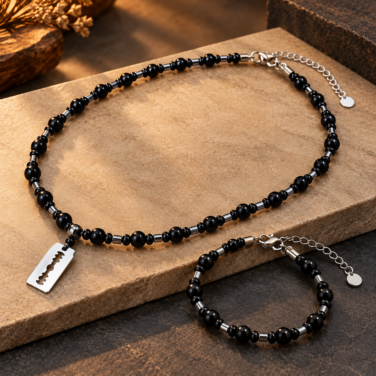Stainless Steel Black Beaded Necklace and Bracelet Set for Men, 30 cm Necklace Length, 8 mm Beads, Silver Blade Shape Pendant | Stylish Gothic Fashion Jewellery Set for Party Wear & Gifting