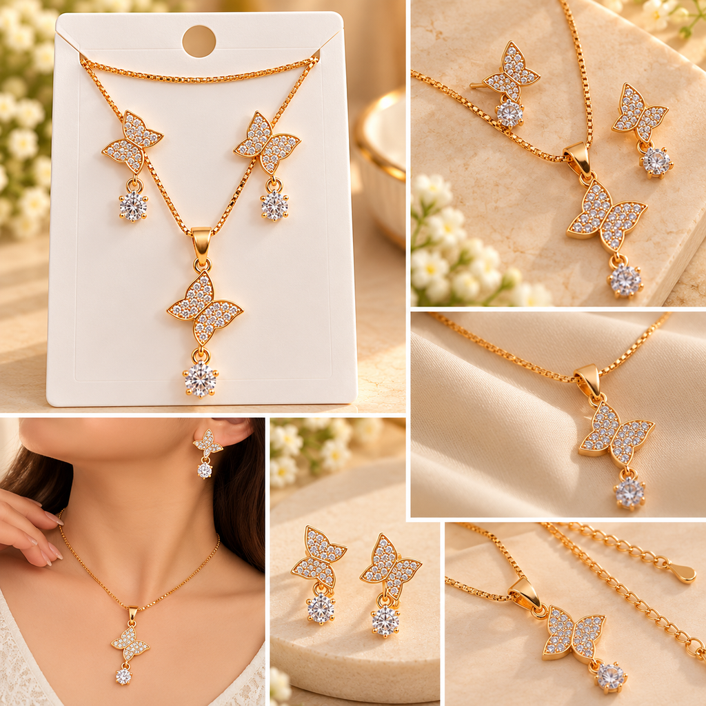 Gold Plated Butterfly Pendant Necklace and Earrings Set for Women & Girls | Elegant CZ Stone Fashion Jewellery Set for Party, Wedding, Festive Wear & Gifting