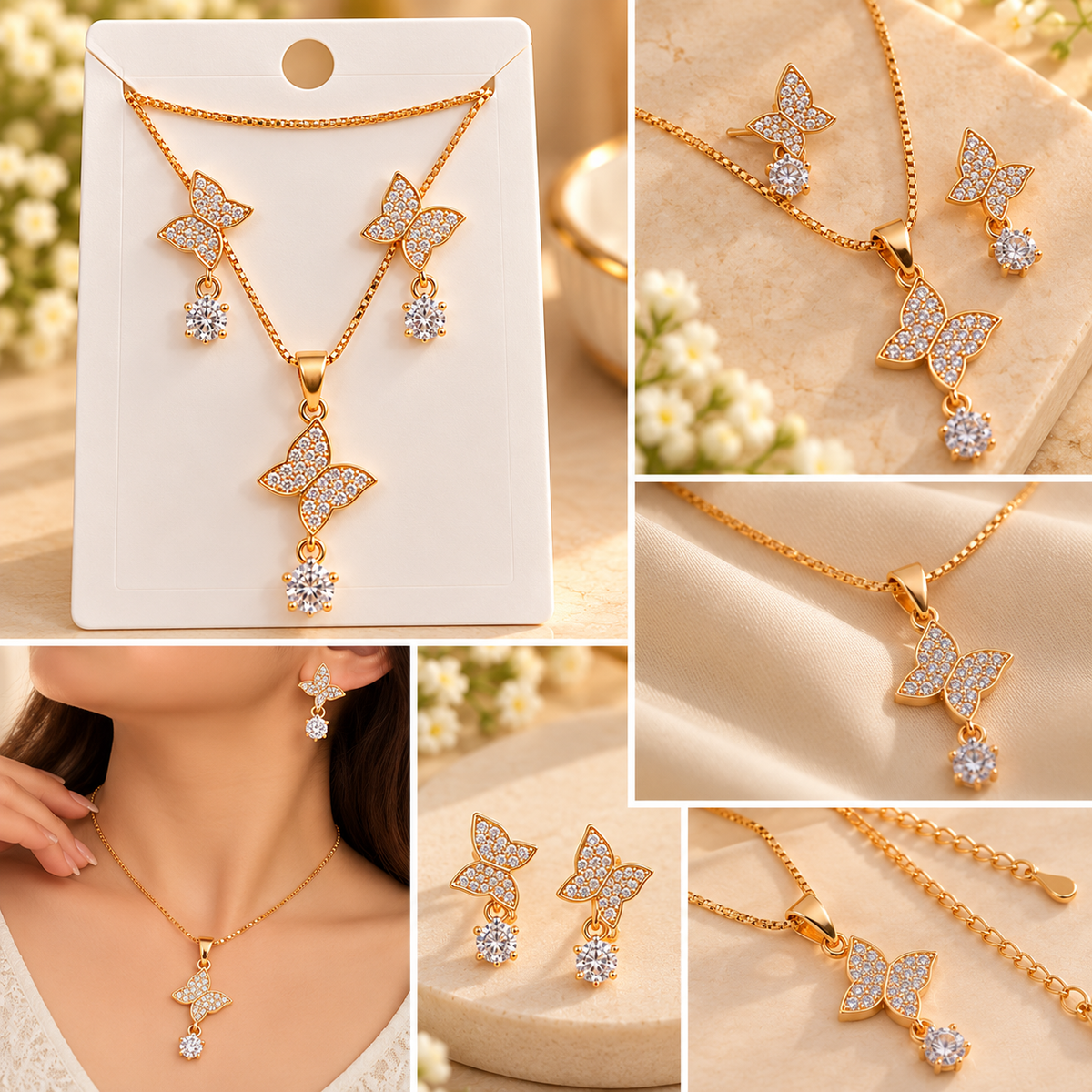 Gold Plated Butterfly Pendant Necklace and Earrings Set for Women & Girls | Elegant CZ Stone Fashion Jewellery Set for Party, Wedding, Festive Wear & Gifting