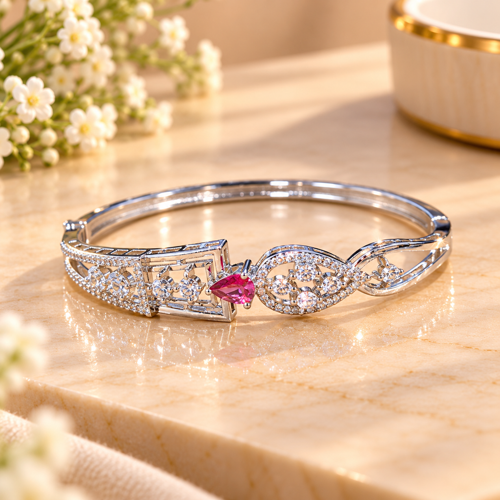 Women’s Silver-Tone Pink Stone Designer Bangle Bracelet with Sparkling Crystal Embellishments, Elegant Fashion Jewellery for Party, Wedding & Festive Wear