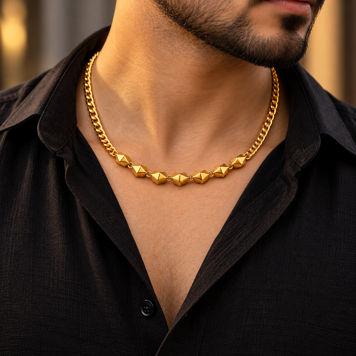 Stainless Steel Gold Finish Geometric Link Chain Necklace for Men, 50 cm Length, 8 mm Width | Stylish Modern Fashion Jewellery for Party Wear, Casual Wear & Gifting