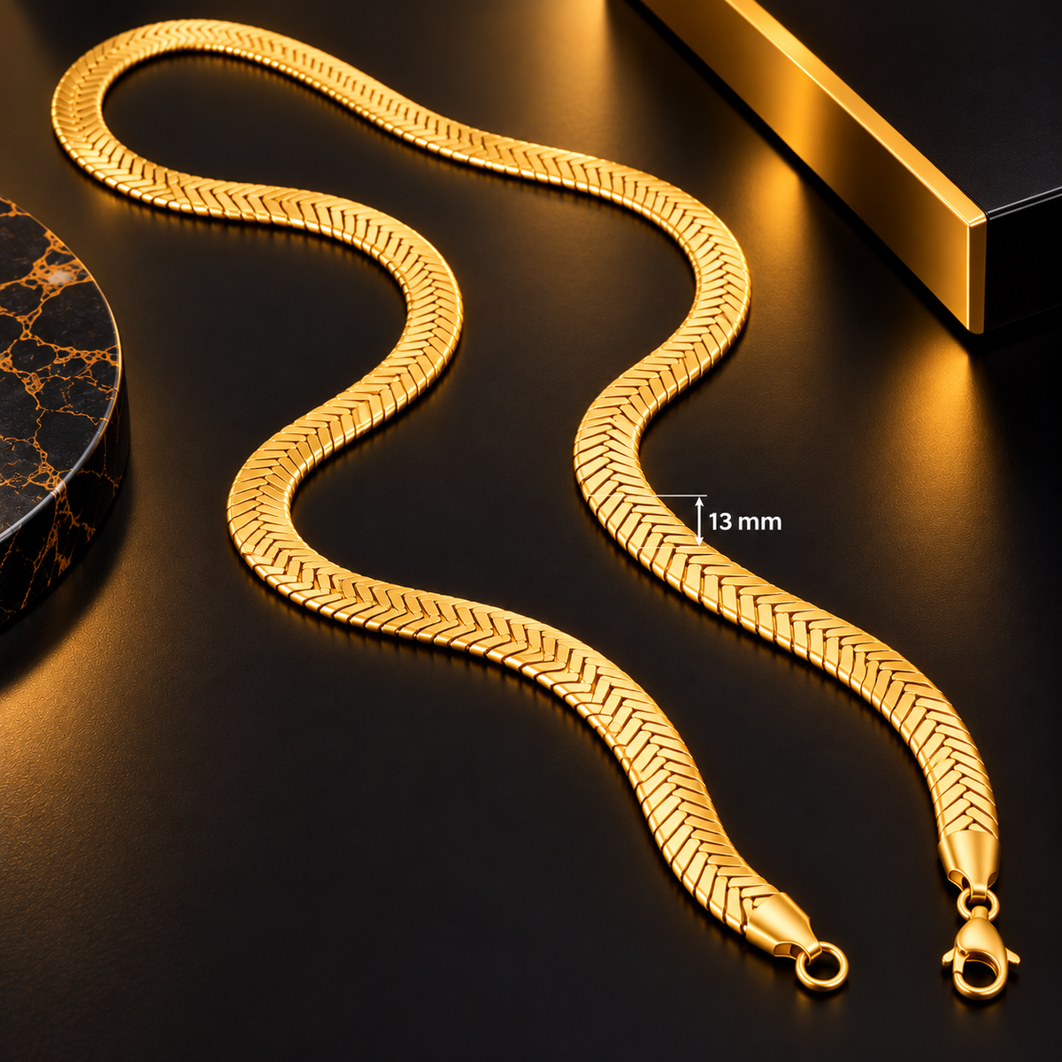 Stainless Steel Golden Herringbone Chain Necklace for Men, 64 cm Long Flat Snake Style Gold Tone Chain, 4 mm Width, Stylish Minimalist Fashion Jewellery for Casual and Party Wear
