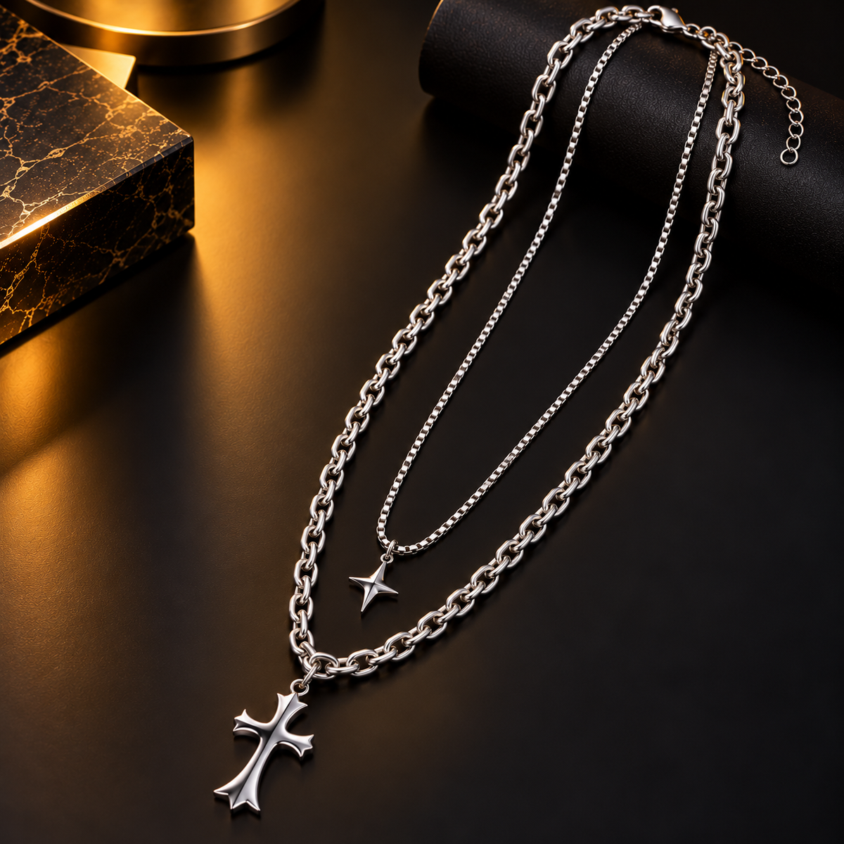 Stainless Steel Silver Layered Cross Pendant Necklace Set for Men, 56 cm Length, 6 mm Chain Width | Double Layer Gothic Cross Chain Jewellery, Stylish Fashion Accessory for Party Wear & Gifting