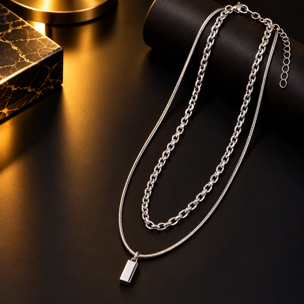 Stainless Steel Layered Silver Necklace for Men, Double Chain Pendant Necklace with Minimalist Rectangular Charm, 45 Inch Total Length, 2mm & 3mm Chain Width, Stylish Fashion Jewellery