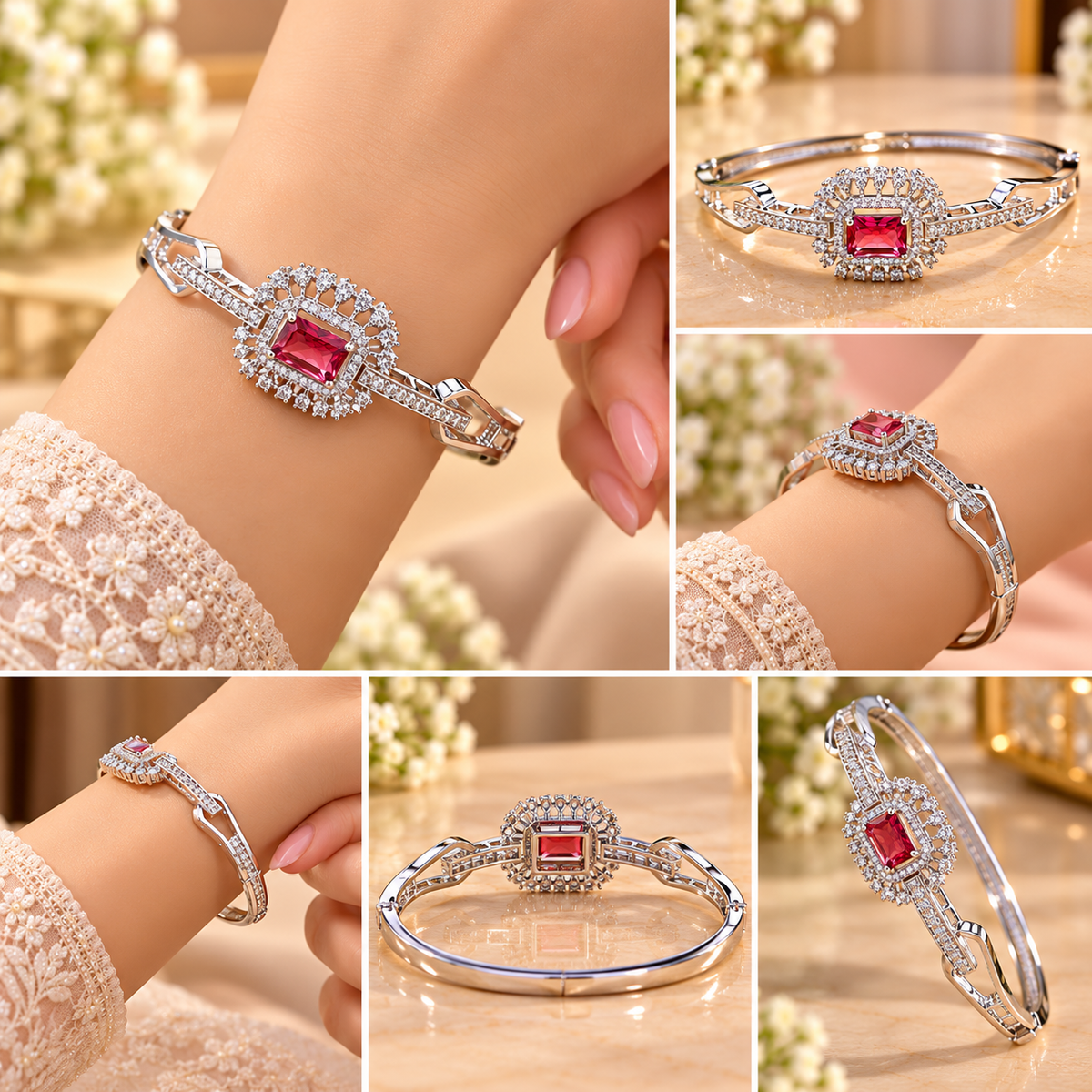 Women’s Silver-Tone Ruby Red Stone Designer Bangle Bracelet with Sparkling Crystal Halo Embellishments, Elegant Fashion Jewellery for Party, Wedding & Festive Wear