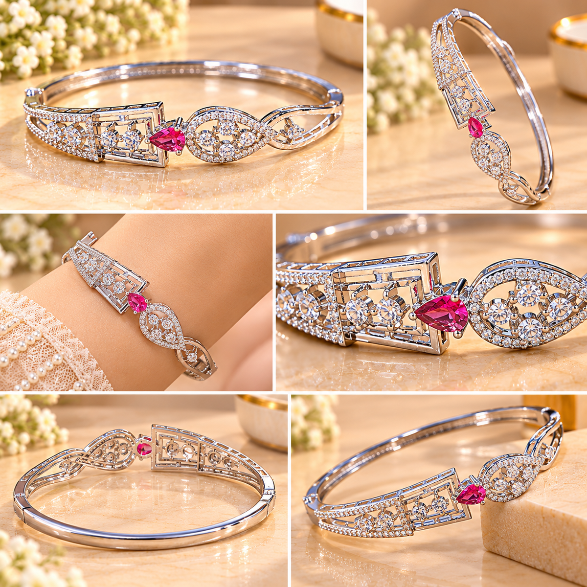 Women’s Silver-Tone Pink Stone Designer Bangle Bracelet with Sparkling Crystal Embellishments, Elegant Fashion Jewellery for Party, Wedding & Festive Wear