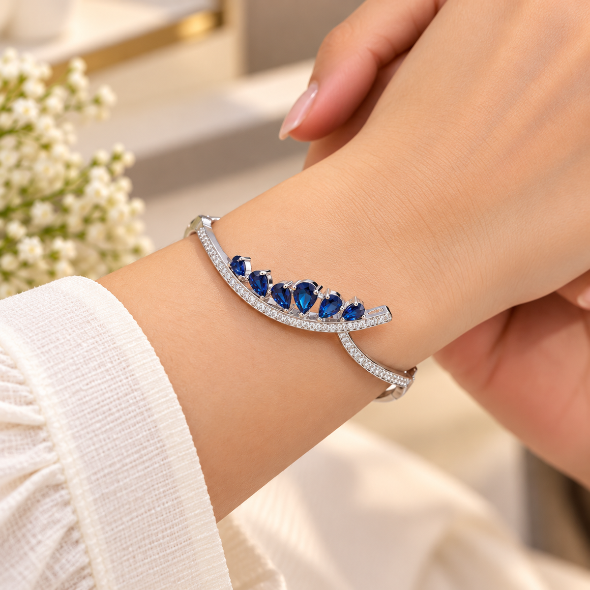Silver-Tone Blue Sapphire Crystal Bangle Bracelet for Women & Girls | Elegant Rhinestone Kada for Party Wear, Wedding, Festive Occasions & Daily Styling | Length 6.3 cm, Height 5.5 cm