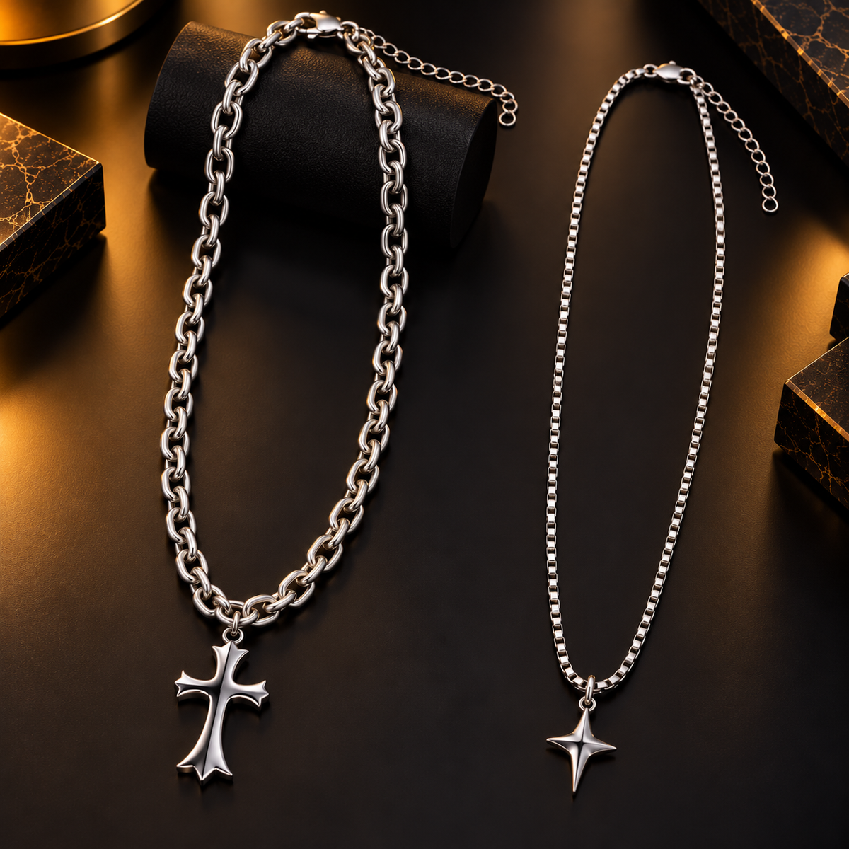 Stainless Steel Silver Layered Cross Pendant Necklace Set for Men, 56 cm Length, 6 mm Chain Width | Double Layer Gothic Cross Chain Jewellery, Stylish Fashion Accessory for Party Wear & Gifting