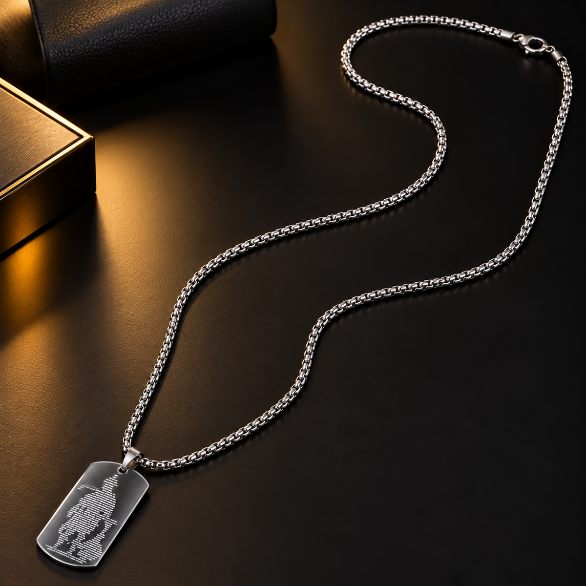 Stainless Steel Silver Rectangular Pendant Necklace for Men, 56 cm Length, 2 mm Chain Width | Military Style Pendant Chain, Stylish Fashion Jewellery for Casual Wear, Party Wear & Gifting