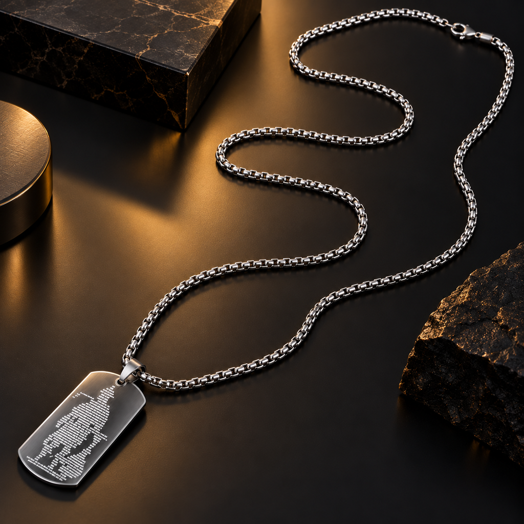 Stainless Steel Silver Rectangular Pendant Necklace for Men, 56 cm Length, 2 mm Chain Width | Military Style Pendant Chain, Stylish Fashion Jewellery for Casual Wear, Party Wear & Gifting