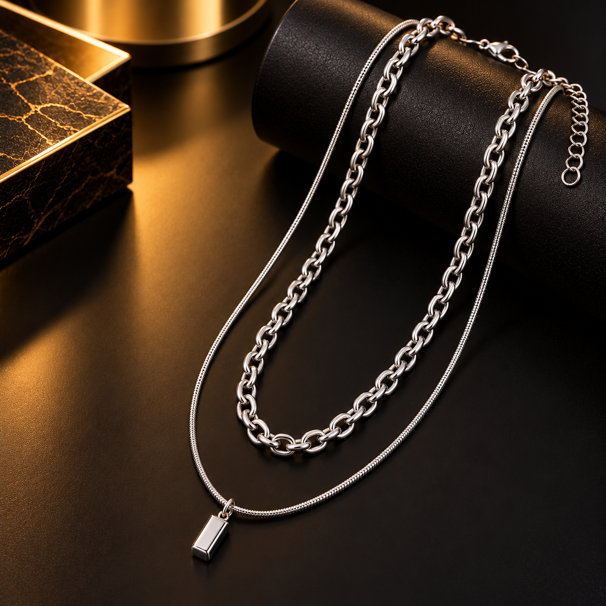 Stainless Steel Layered Silver Necklace for Men, Double Chain Pendant Necklace with Minimalist Rectangular Charm, 45 Inch Total Length, 2mm & 3mm Chain Width, Stylish Fashion Jewellery