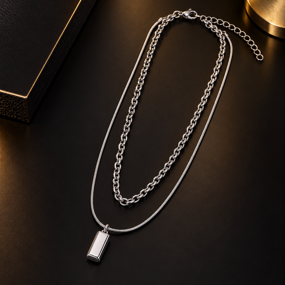 Stainless Steel Layered Silver Necklace for Men, Double Chain Pendant Necklace with Minimalist Rectangular Charm, 45 Inch Total Length, 2mm & 3mm Chain Width, Stylish Fashion Jewellery