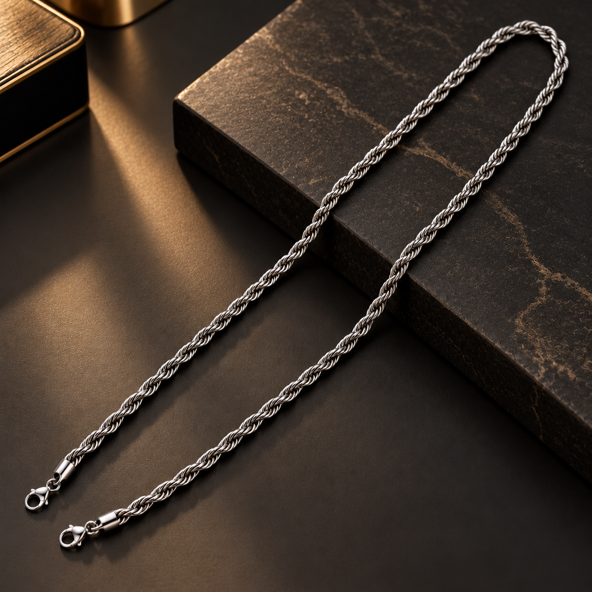 Stainless Steel Silver Rope Chain Necklace for Men, 54 cm Length, 6 mm Width | Twisted Rope Design, Stylish Silver-Tone Fashion Jewellery for Party Wear, Casual Wear & Gifting