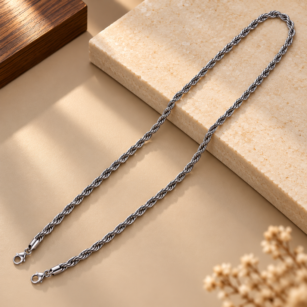 Stainless Steel Silver Rope Chain Necklace for Men, 54 cm Length, 6 mm Width | Twisted Rope Design, Stylish Silver-Tone Fashion Jewellery for Party Wear, Casual Wear & Gifting