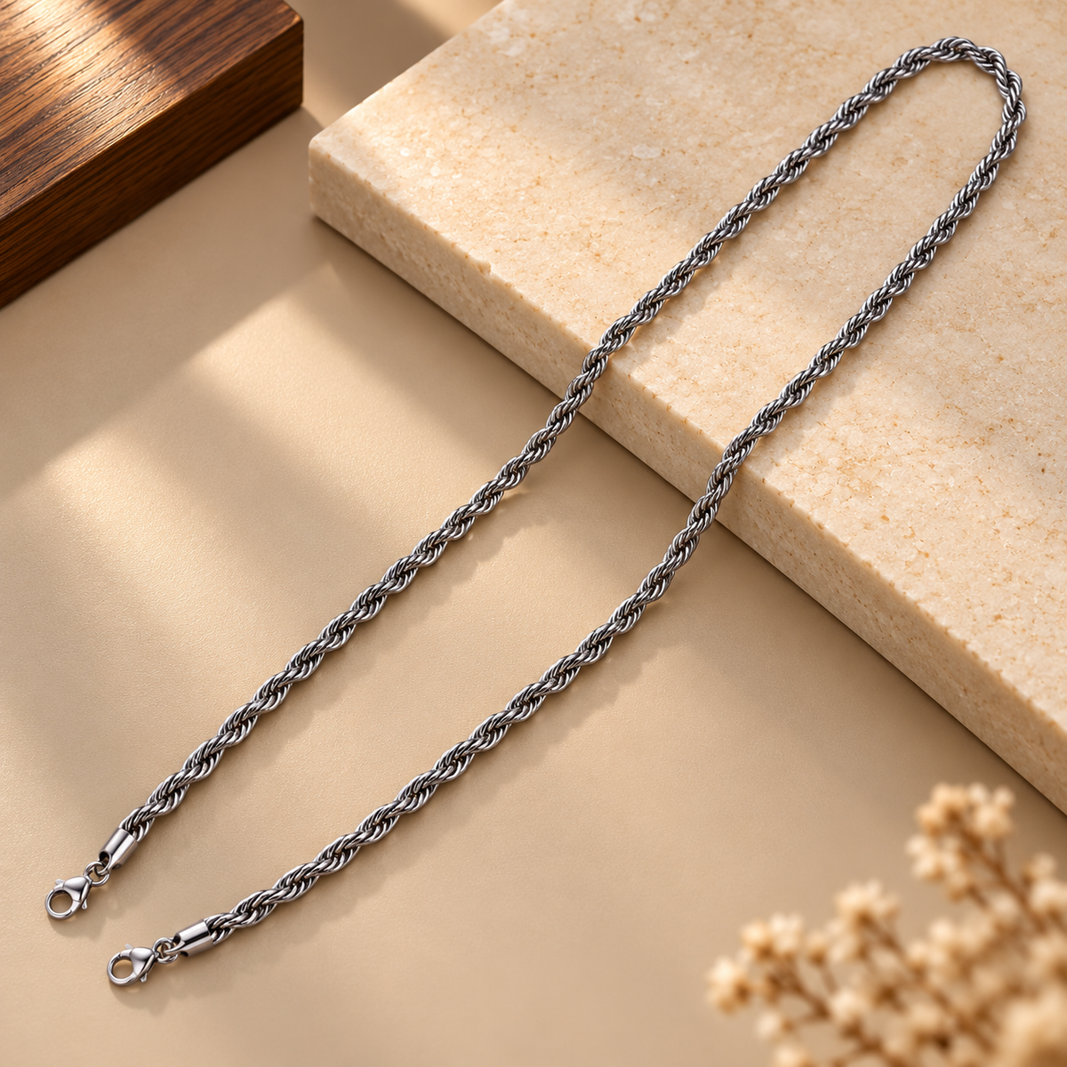 Stainless Steel Silver Rope Chain Necklace for Men, 54 cm Length, 6 mm Width | Twisted Rope Design, Stylish Silver-Tone Fashion Jewellery for Party Wear, Casual Wear & Gifting