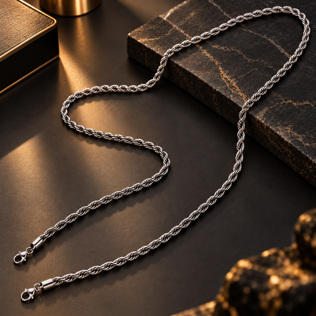 Stainless Steel Silver Rope Chain Necklace for Men, 54 cm Length, 6 mm Width | Twisted Rope Design, Stylish Silver-Tone Fashion Jewellery for Party Wear, Casual Wear & Gifting