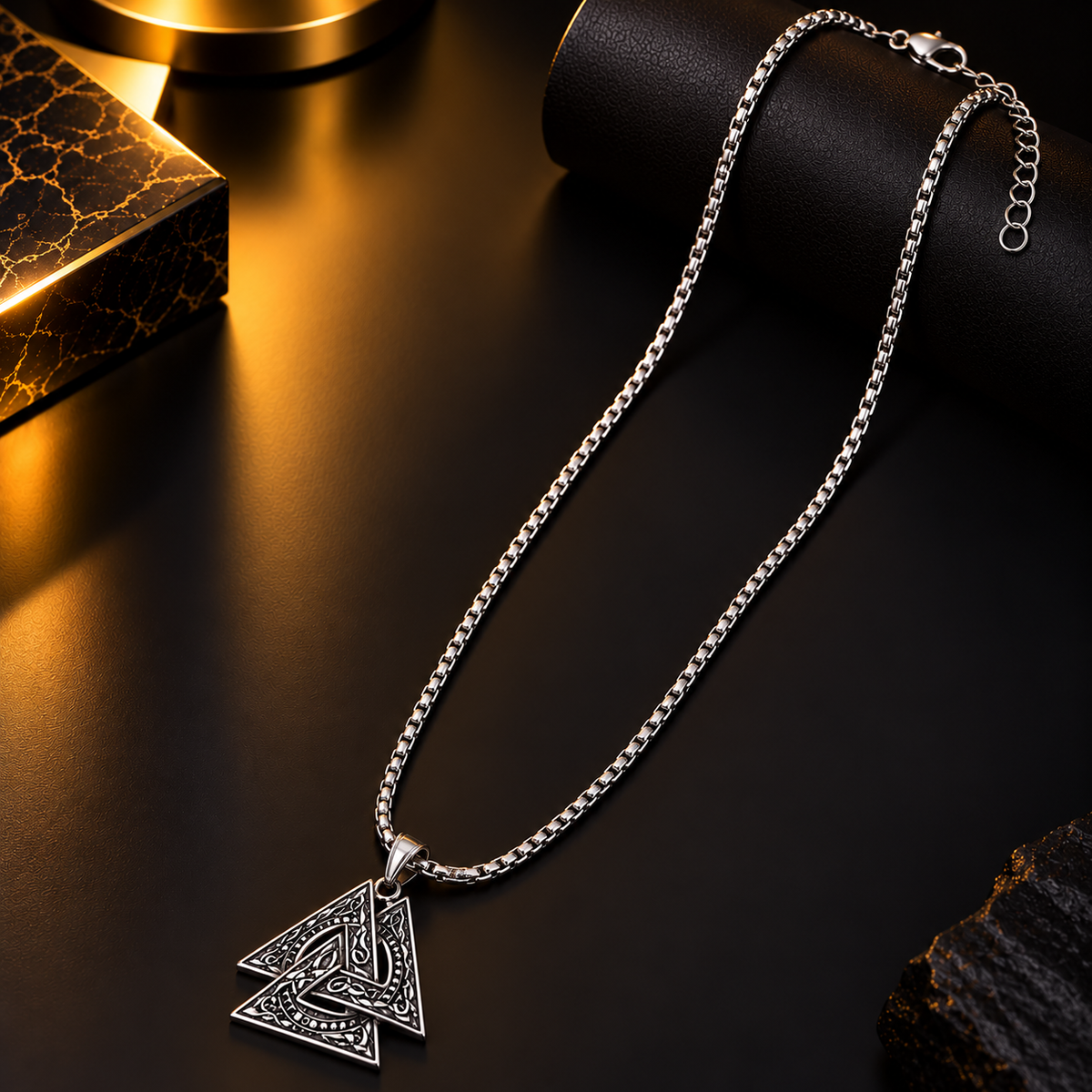 Stainless Steel Celtic Triangle Pendant Necklace for Men, Silver Tone Geometric Designer Chain with Intricate Engraved Pendant, 62 cm Length, 2 mm Chain Width, Stylish Fashion Jewellery