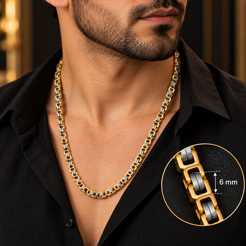 Stainless Steel Two Tone Gold and Silver Chain for Men, 54 cm Length, 7 mm Width | Stylish Geometric Link Necklace with Gold Finish, Modern Fashion Jewellery for Party Wear & Gifting