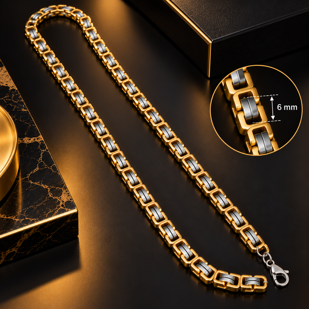 Stainless Steel Two Tone Gold and Silver Chain for Men, 54 cm Length, 7 mm Width | Stylish Geometric Link Necklace with Gold Finish, Modern Fashion Jewellery for Party Wear & Gifting