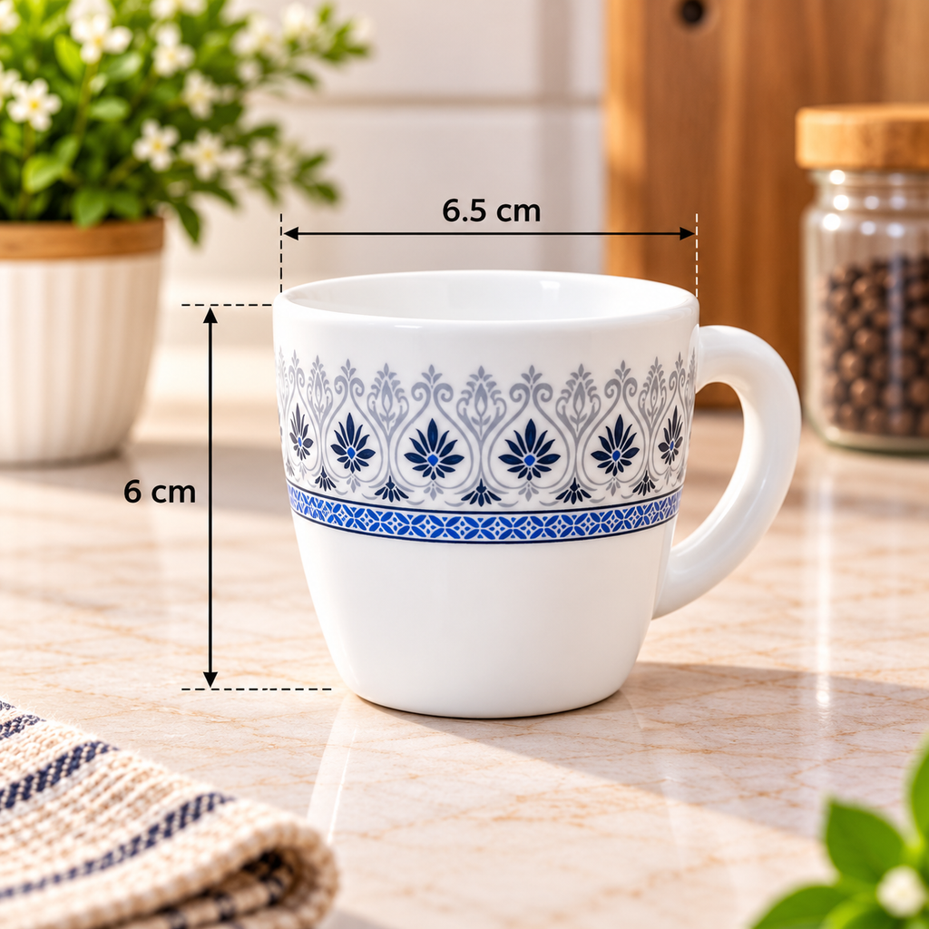 Larah Ocean Cup Set of 6, 100ml Each | Elegant Blue and Grey Floral Printed Tea Cups | Premium Small Cups for Tea, Coffee, Espresso, Milk & Serving | Stylish Cup Set for Home and Kitchen