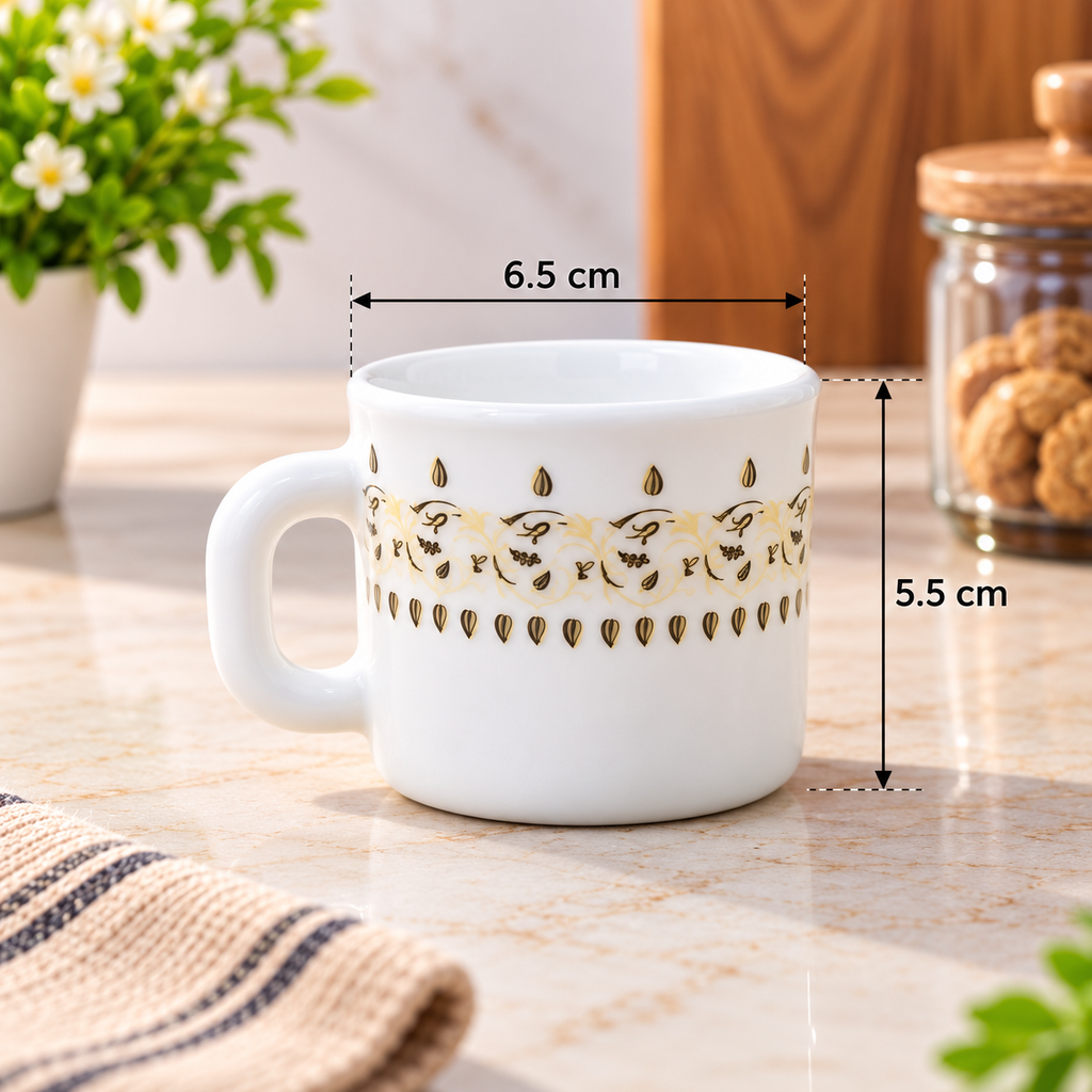 Larah Ora Gold Cup 100 ML, Pack of 6 | Elegant White Tea Cups with Gold Pattern Design | Small Coffee Cups for Tea, Coffee, Milk & Hot Beverages | Stylish Drinkware for Home & Office