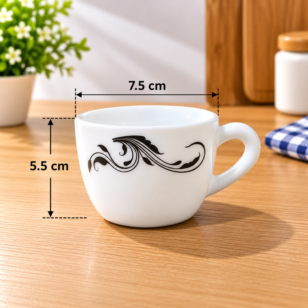 Cello Queen Cup Twirla 130 ML, Pack of 6 | Elegant White Tea Cups with Black Swirl Design for Tea, Coffee, Milk & Hot Beverages | Stylish Drinkware for Home & Office