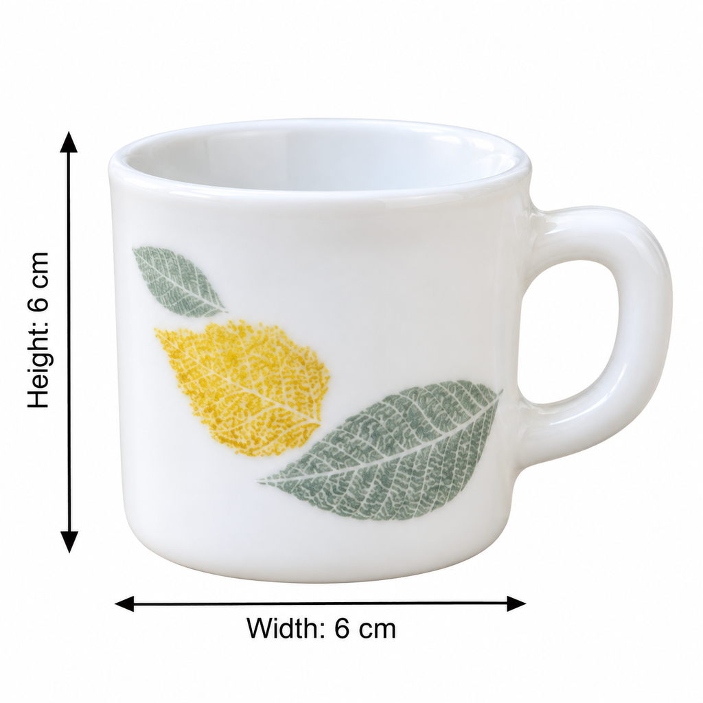 Cello Stella Foliage Cup Set of 6, 100 ML Each | White Leaf Printed Tea and Coffee Cups | Elegant Small Beverage Cups for Tea, Espresso, Green Tea, Home, Office and Gifting