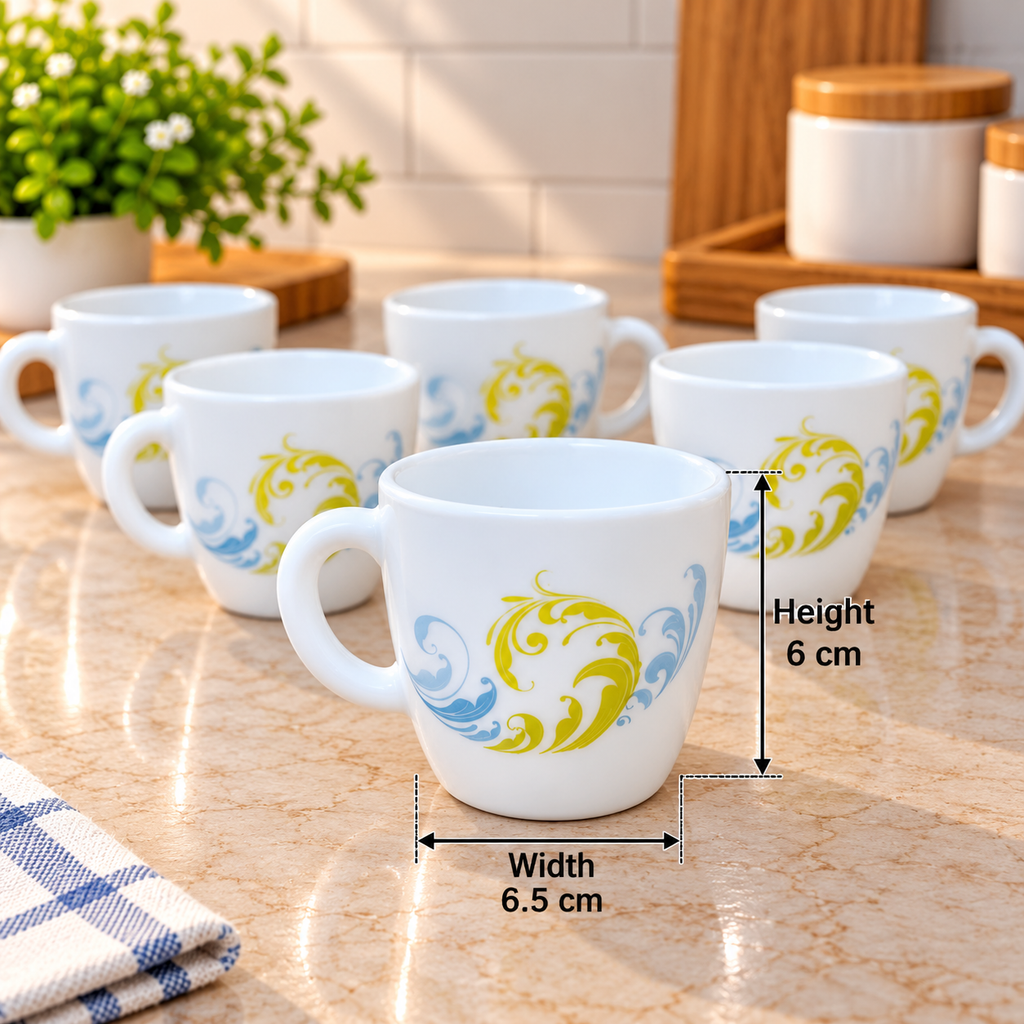Cello Ricca Cool Waves Cups 100 ML, Pack of 6 | White Tea and Coffee Cups with Blue and Yellow Swirl Design | Small Beverage Cups for Home, Office, Kitchen and Daily Use