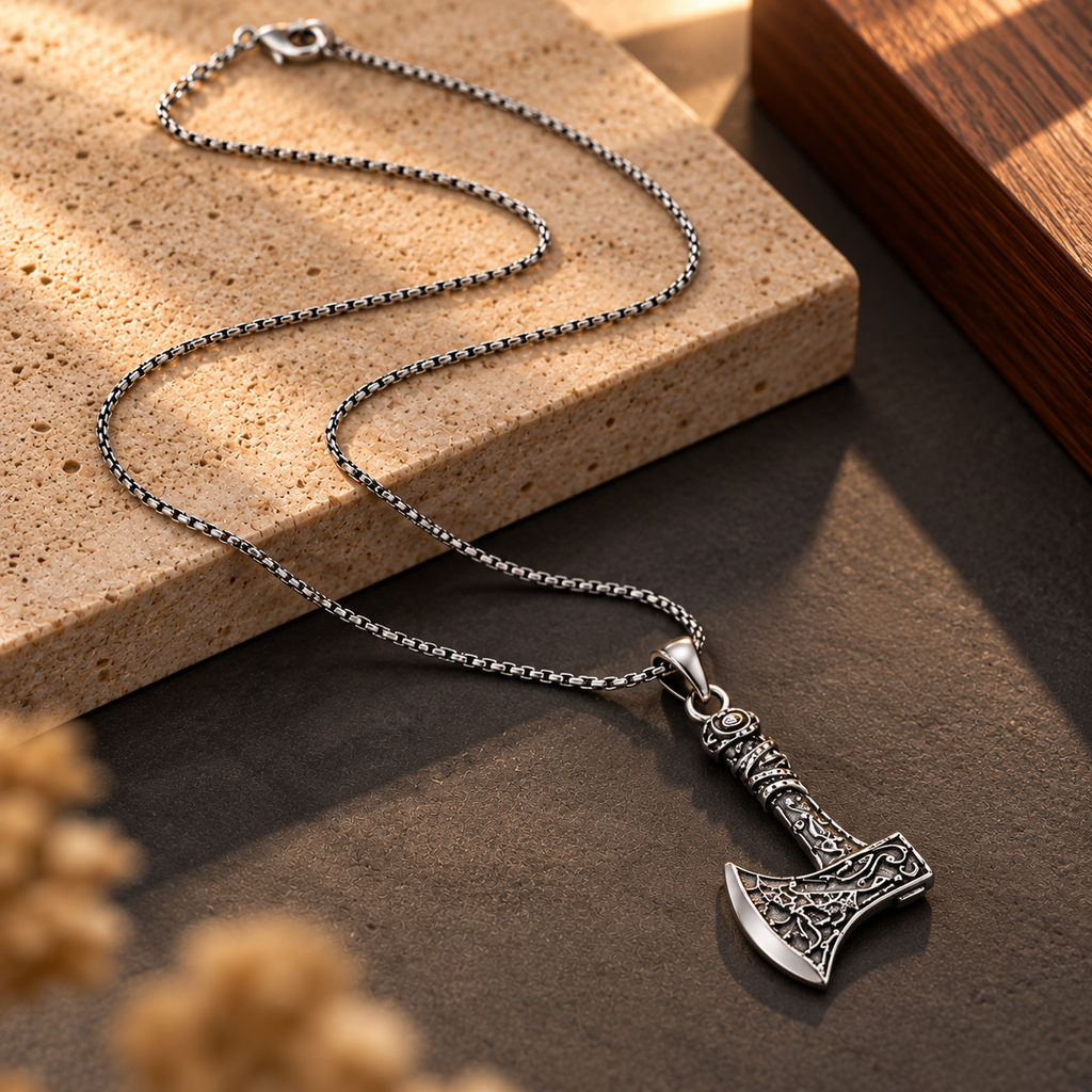 Stainless Steel Silver Axe Pendant Necklace for Men, 62 cm Long, 2 mm Chain Width | Antique Viking Style Hatchet Pendant, Gothic Fashion Jewellery for Party Wear, Casual Wear & Gifting